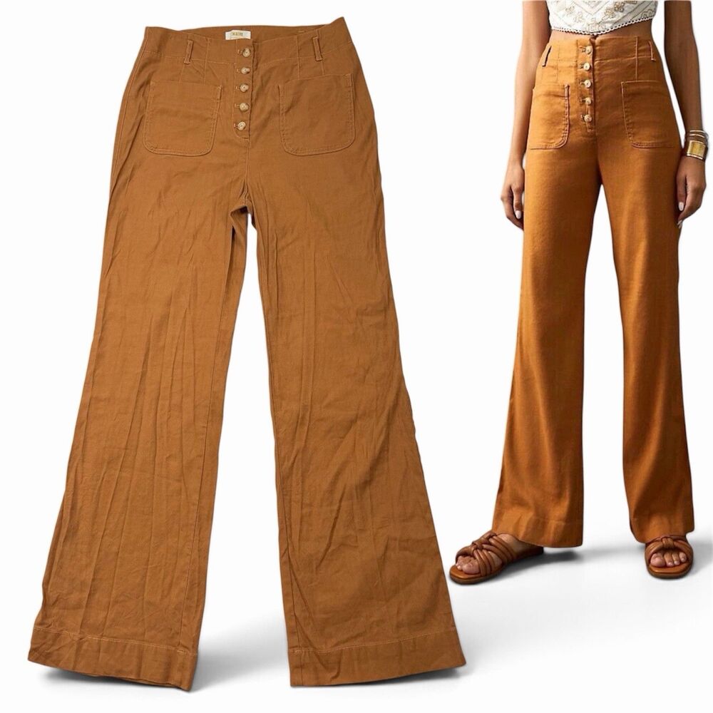 Anthropologie Maeve Linen Blend Wide Leg Pants Sz 10 High Rise Cedar Brown Boho